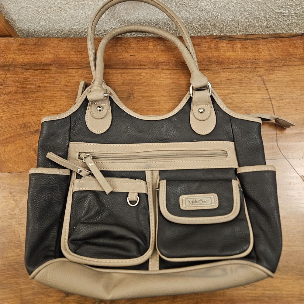 MultiSac Reflex‎ Organizer Tote Shoulder Bag Black Tan Purse Multi Pocket